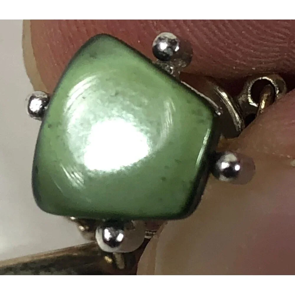 Vintage Polished Green Jadeite or Serpentine Stone Tie Tack w/ Chain Bar